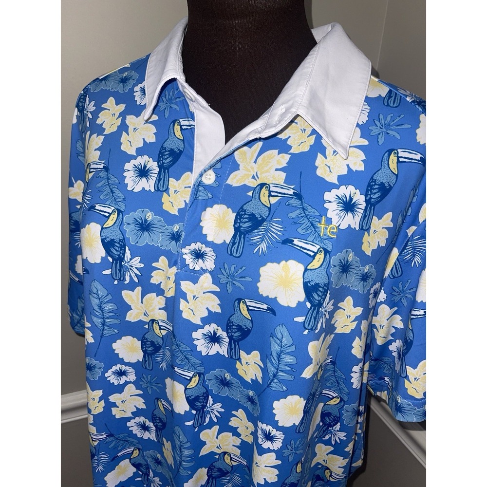 Tipsy Elves Blue Botanics Tropical Golf Polo‎ Shirt Mens XXL Toucans Hawaiian